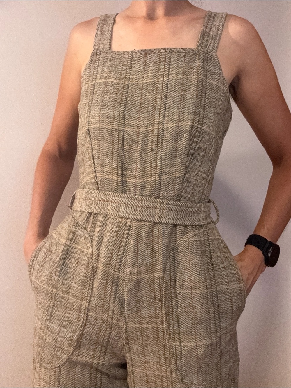 Sage The Label Herringbone Tweed Taupe Plaid Belted Square-Neck Jumpsuit